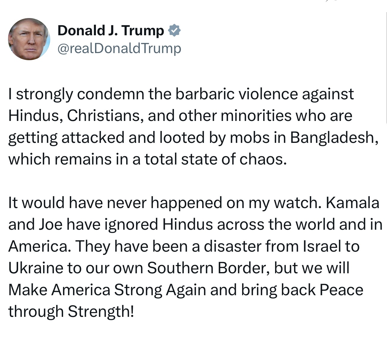 Photo: A recent X post highlights President Donald Trump’s condemnation of violence against religious minorities in Bangladesh.